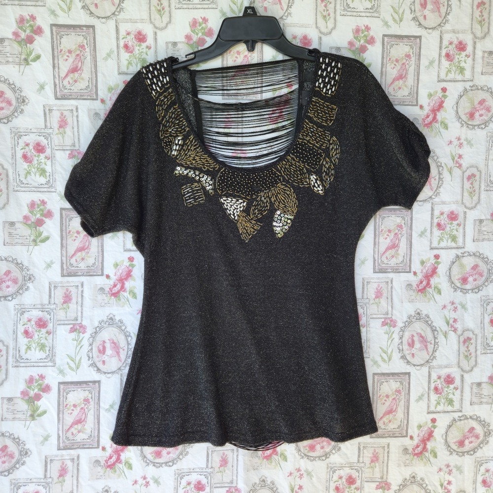BKE Boutique Black Metallic Beaded Shredded Back Knit Blouse Top Large
